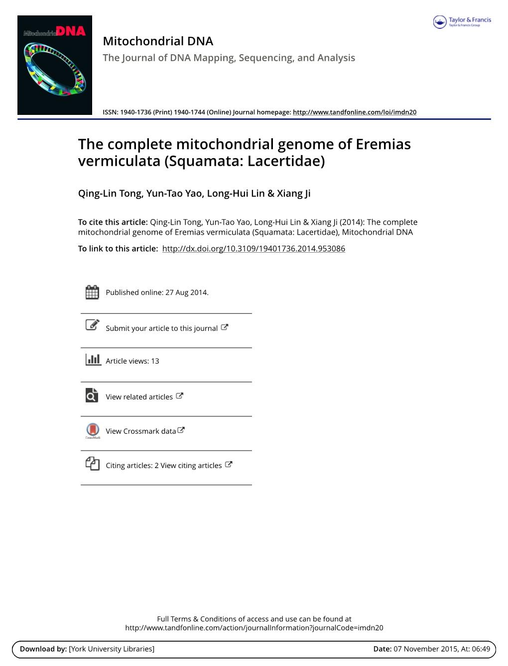 The Complete Mitochondrial Genome of Eremias Vermiculata (Squamata: Lacertidae)