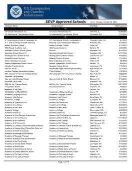 SEVP Approved Schools As of Monday, October 06, 2008 Institution Name Campus Name City/State Date Approved - 1 - 1St Choice International, Inc