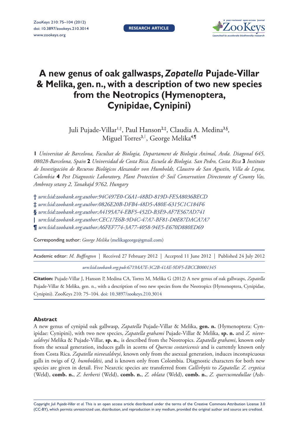 A New Genus of Oak Gallwasps, Zapatella Pujade-Villar & Melika, Gen