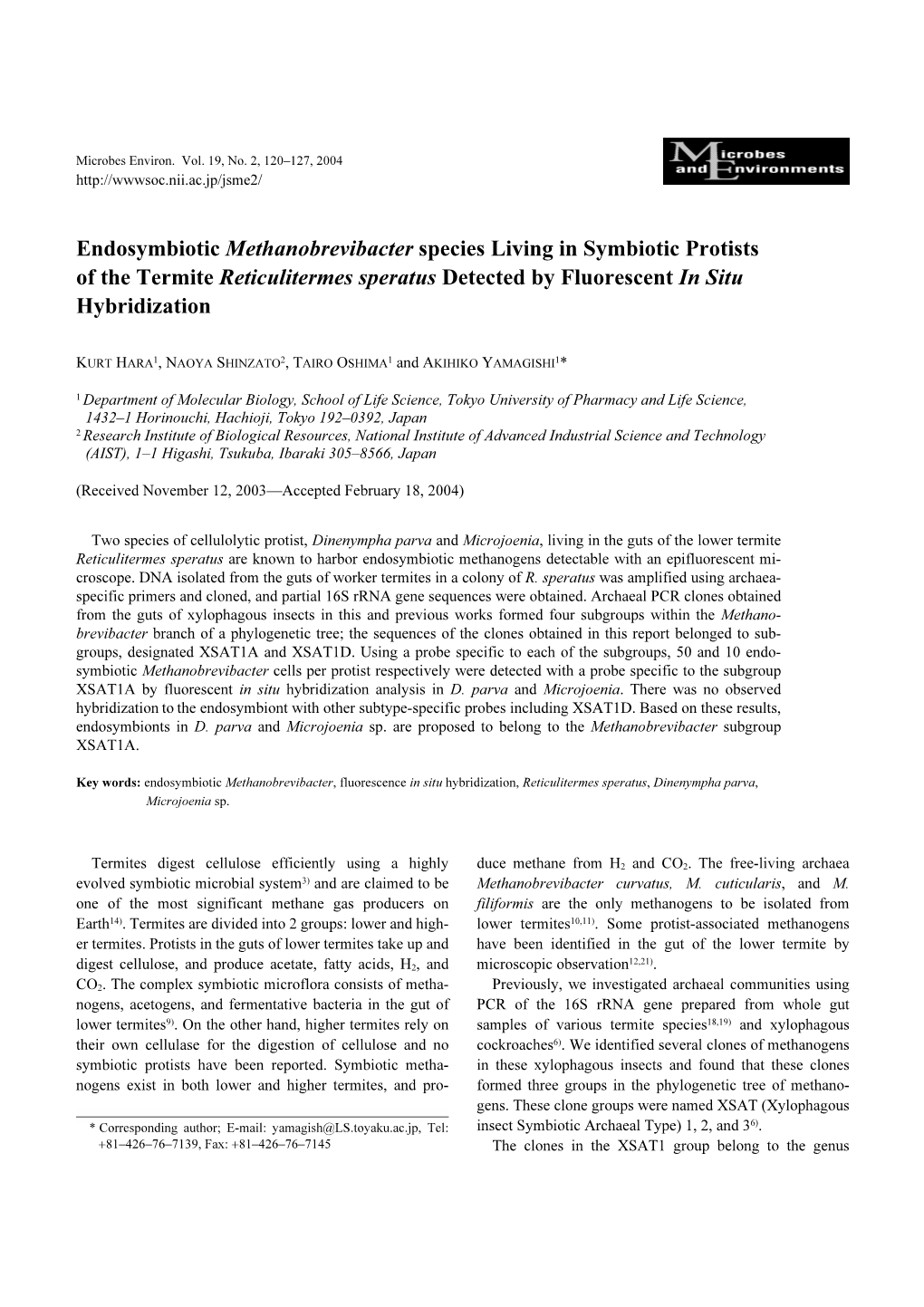 Endosymbiotic Methanobrevibacter Species Living in Symbiotic Protists of the Termite Reticulitermes Speratus Detected by Fluorescent in Situ Hybridization
