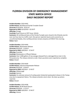 Florida Division of Emergency Management State Watch Office Daily Incident Report