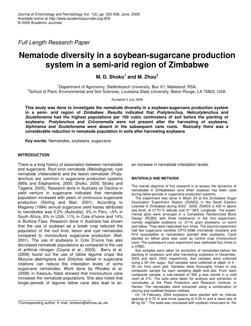 Nematode Diversity in a Soybean-Sugarcane Production System in a Semi-Arid Region of Zimbabwe