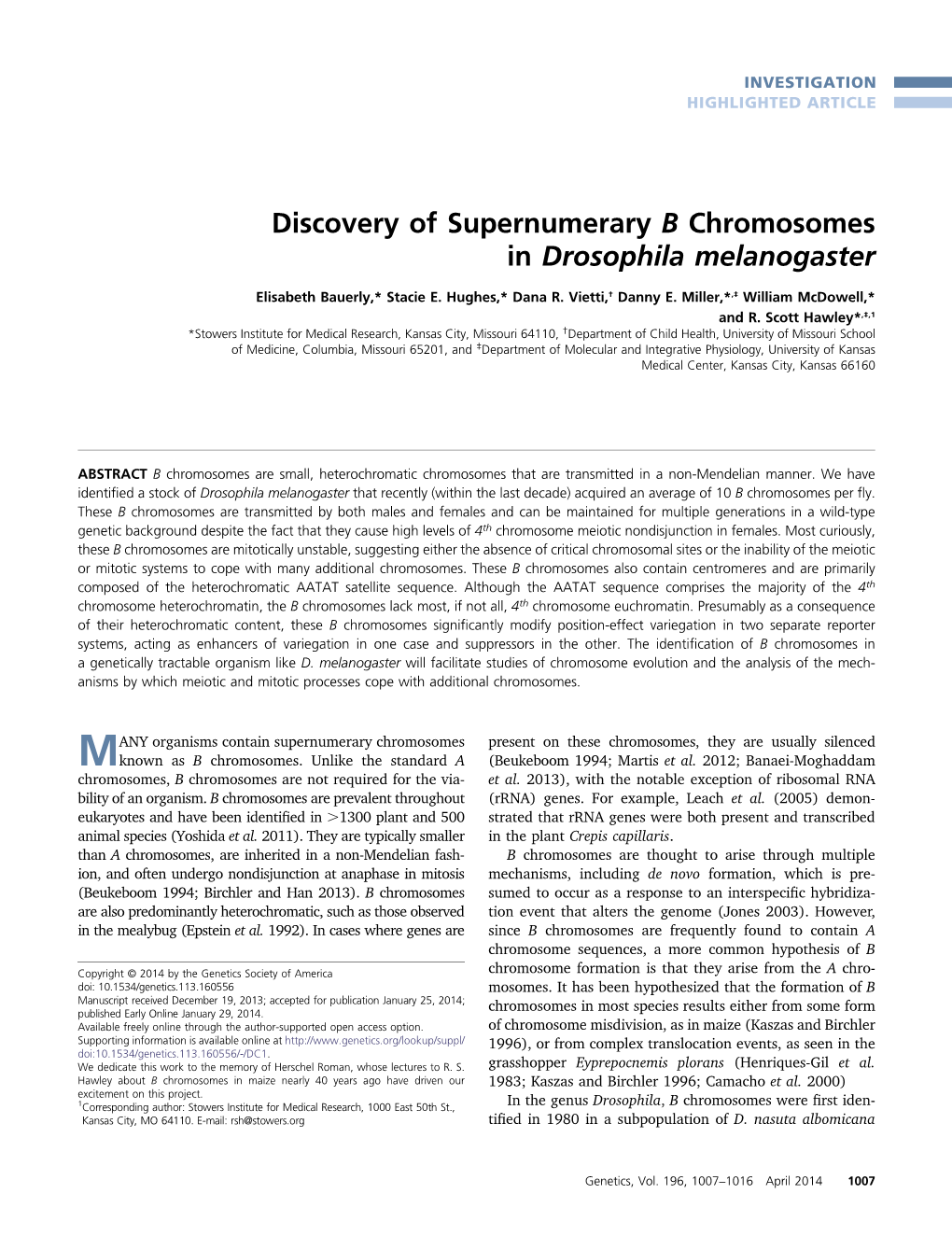 Discovery of Supernumerary B Chromosomes in Drosophila Melanogaster