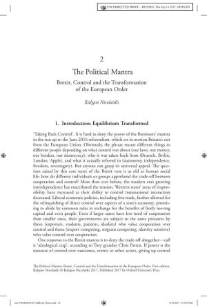 The Political Mantra Brexit, Control and the Transformation of the European Order