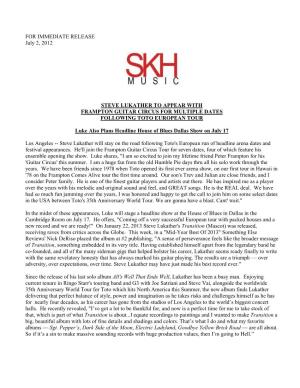 FOR IMMEDIATE RELEASE July 2, 2012 STEVE LUKATHER TO