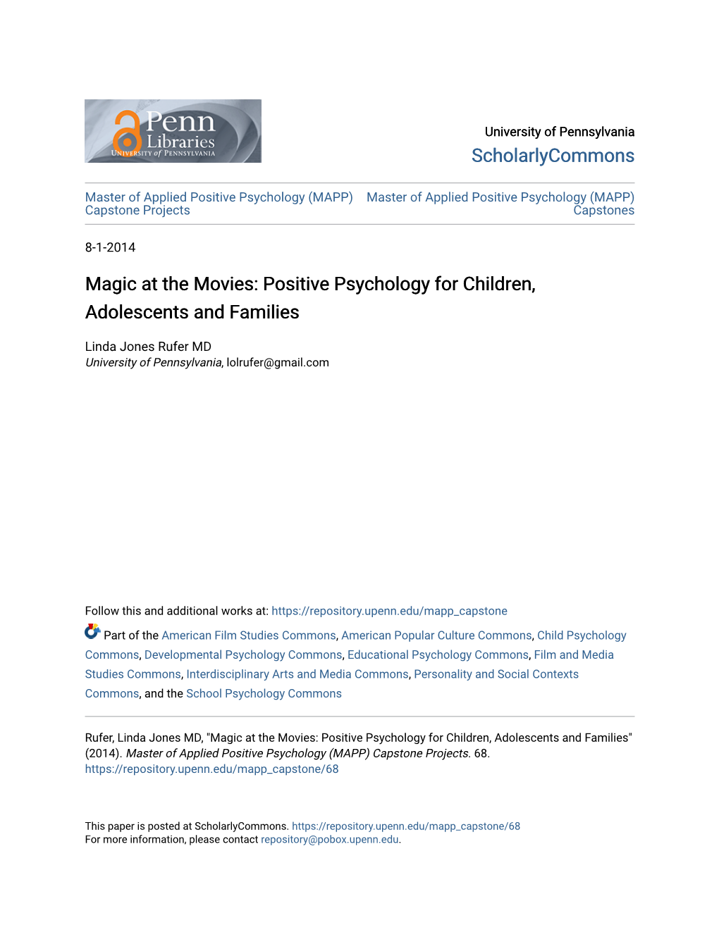 Magic at the Movies: Positive Psychology for Children, Adolescents and Families