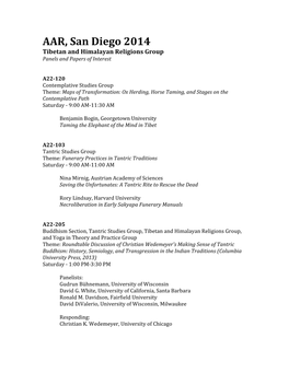 AAR, San Diego 2014 Tibetan and Himalayan Religions Group Panels and Papers of Interest