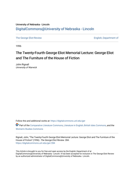 The Twenty-Fourth George Eliot Memorial Lecture: George Eliot and the Furniture of the House of Fiction