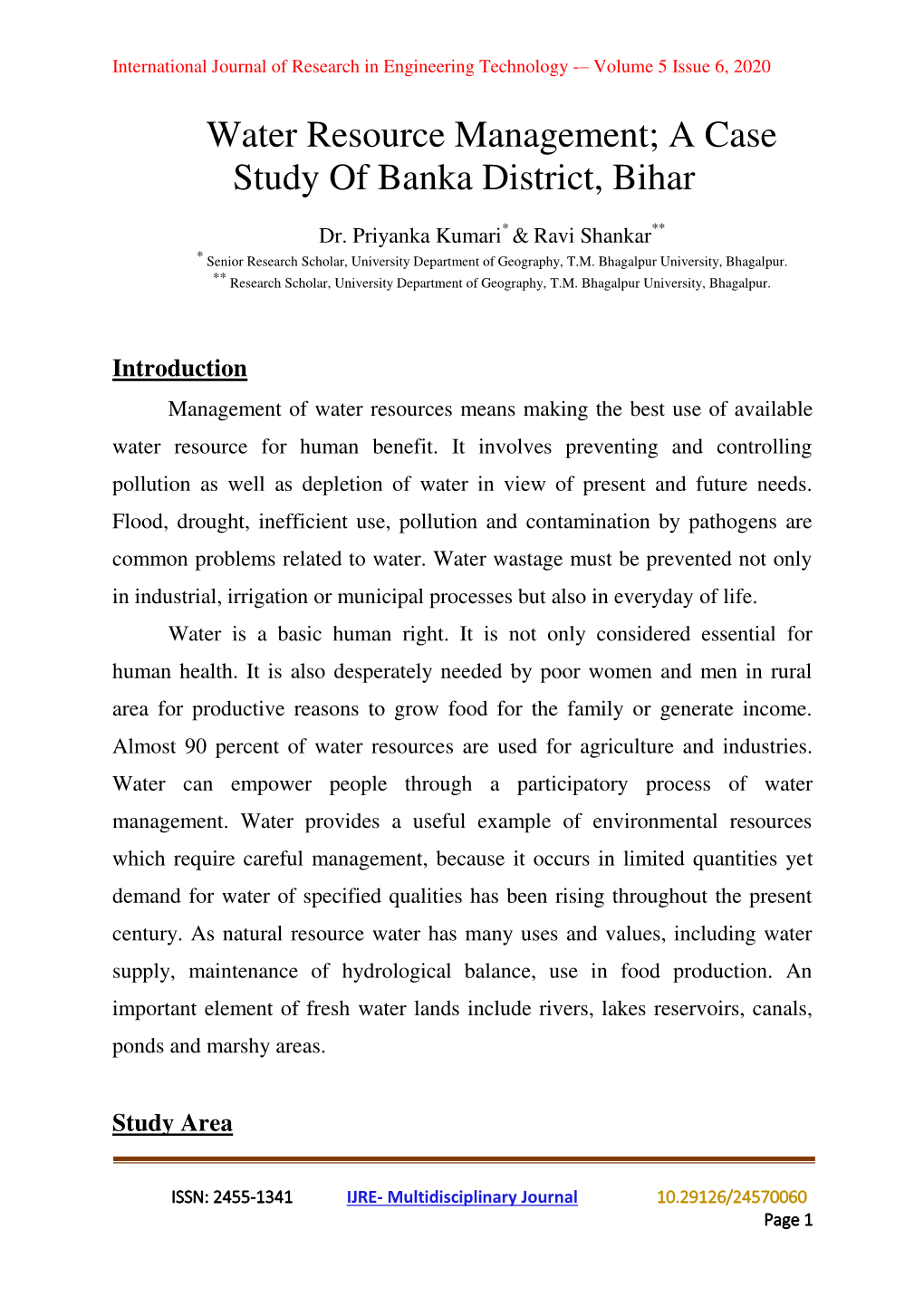 Water Resource Management; a Case Study of Banka District, Bihar