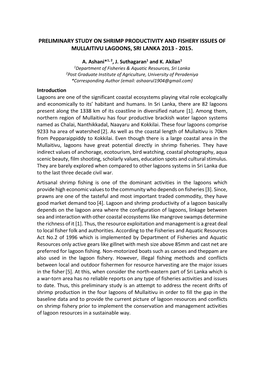 Preliminary Study on Shrimp Productivity and Fishery Issues of Mullaitivu Lagoons, Sri Lanka 2013 - 2015