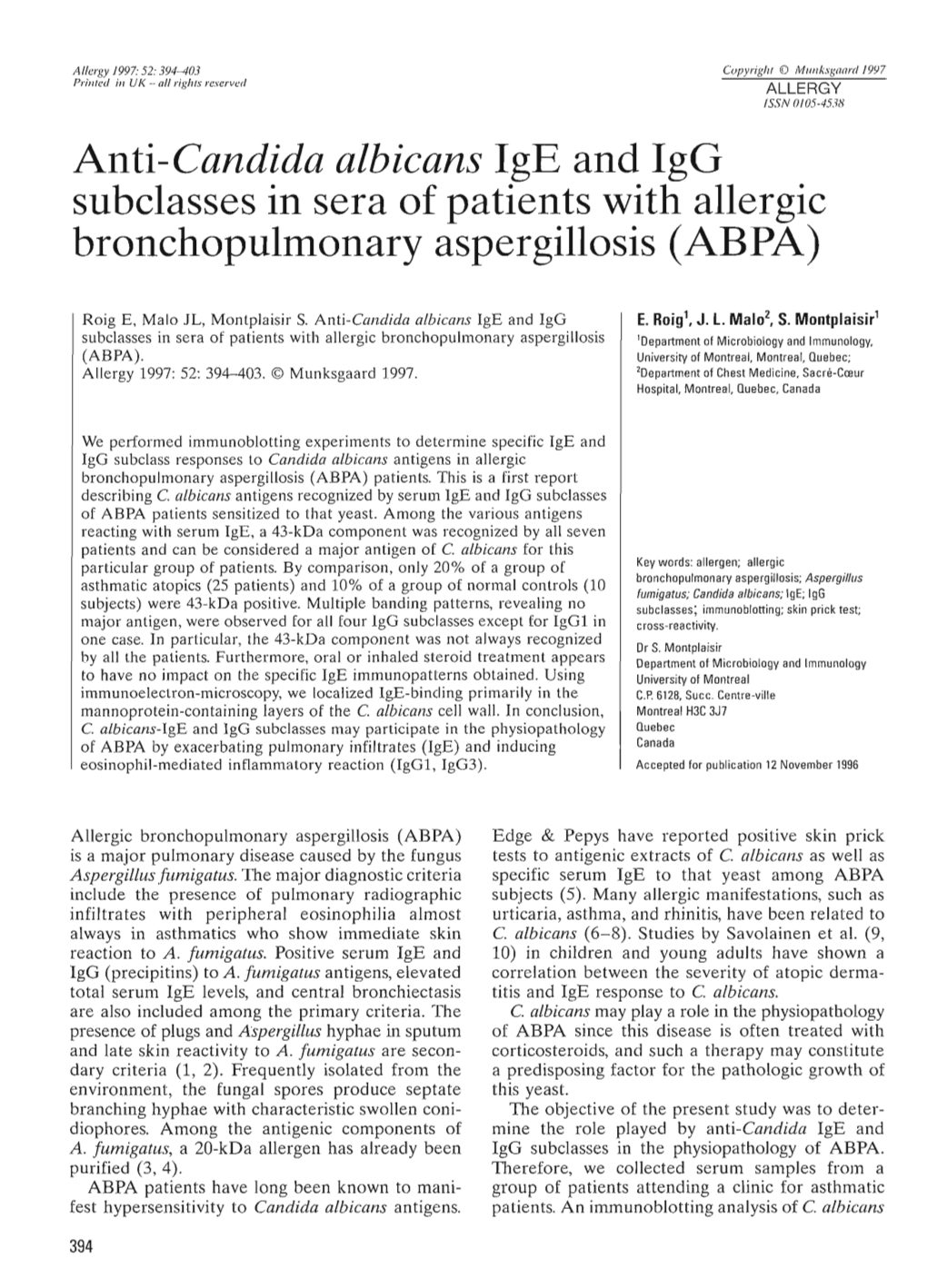 Anti-Candida Albicans Ige and Igg Subclasses in Sera of Patients with Allergic Bronchopulmonary Aspergillosis (ABPA)