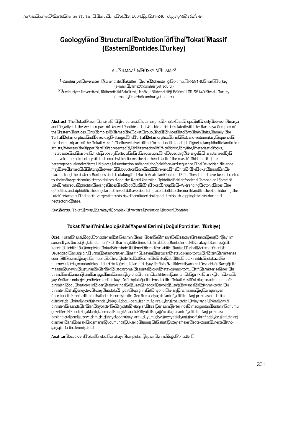 Geology and Structural Evolution of the Tokat Massif (Eastern Pontides