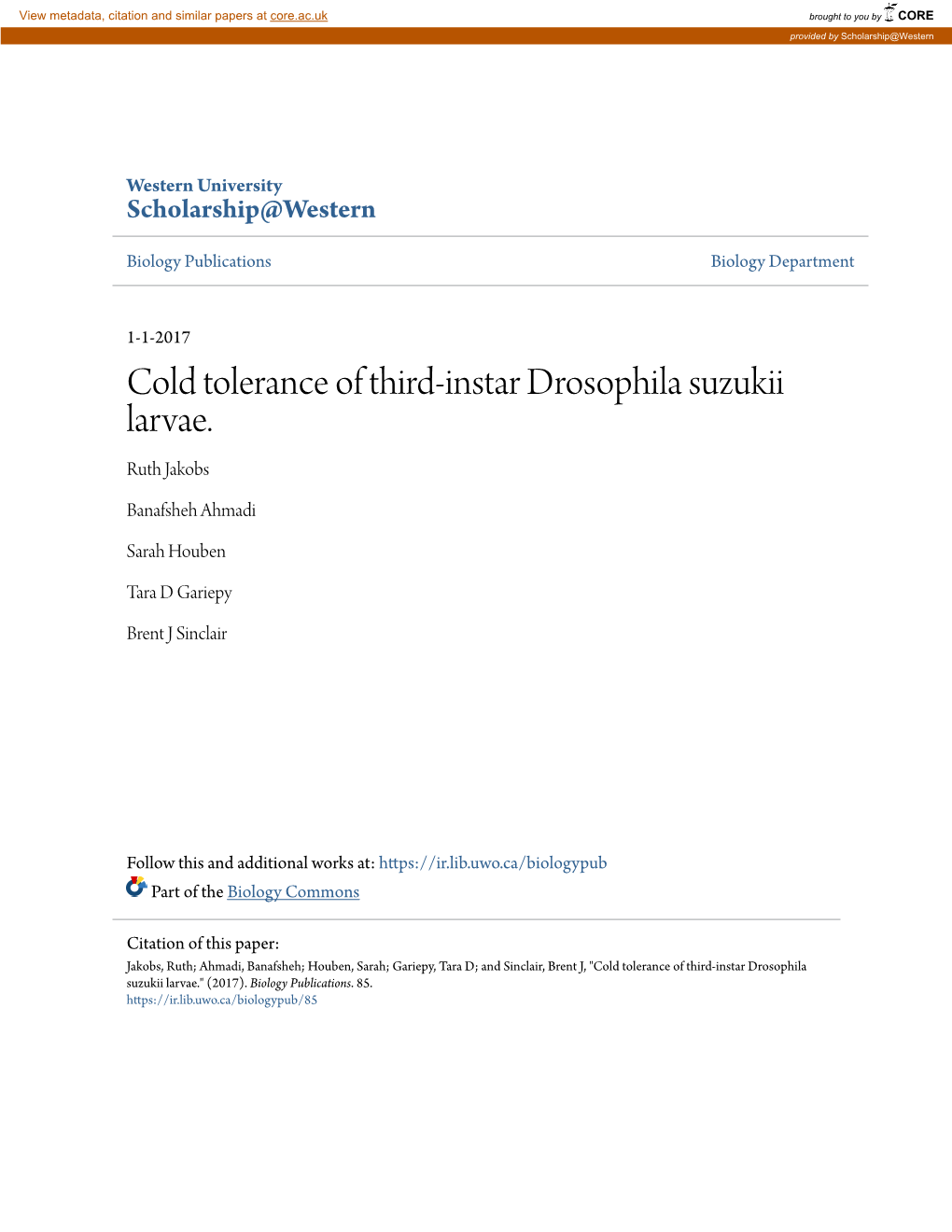 Cold Tolerance of Third-Instar Drosophila Suzukii Larvae. Ruth Jakobs