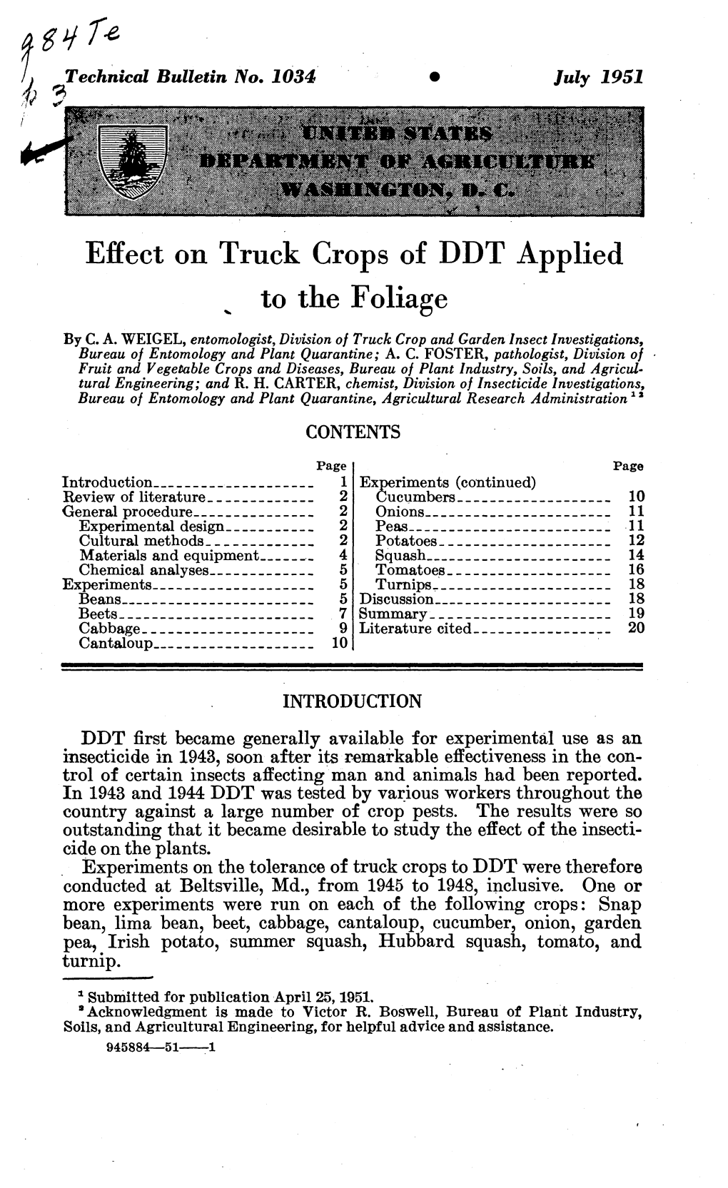 Effect on Truck Crops of DDT Applied to the Foliage by C