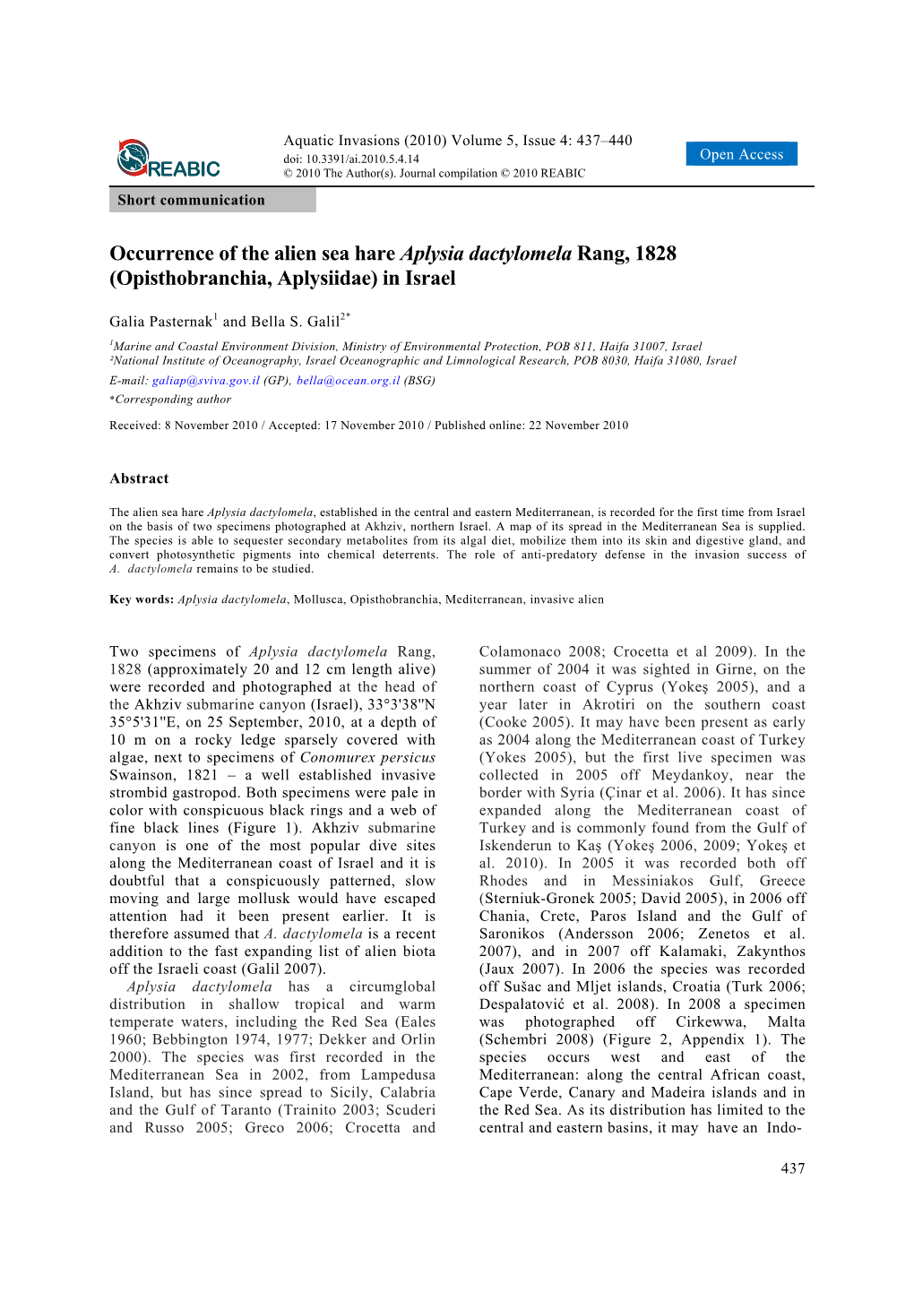 Occurrence of the Alien Sea Hare Aplysia Dactylomela Rang, 1828 (Opisthobranchia, Aplysiidae) in Israel