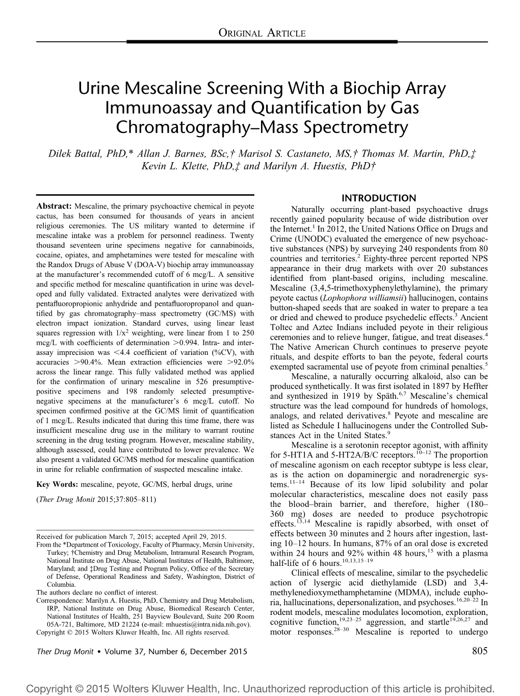 Urine Mescaline Screening with a Biochip Array Immunoassay and Quantiﬁcation by Gas Chromatography–Mass Spectrometry