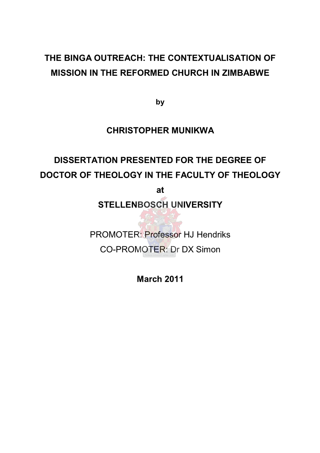 The Contextualisation of Mission in the Reformed Church in Zimbabwe