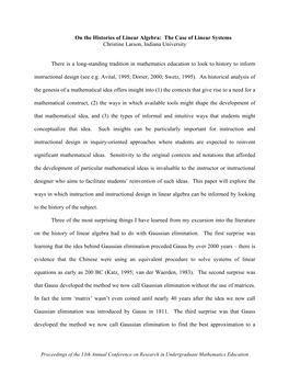 On the Histories of Linear Algebra: the Case of Linear Systems Christine Larson, Indiana University There Is a Long-Standing Tr