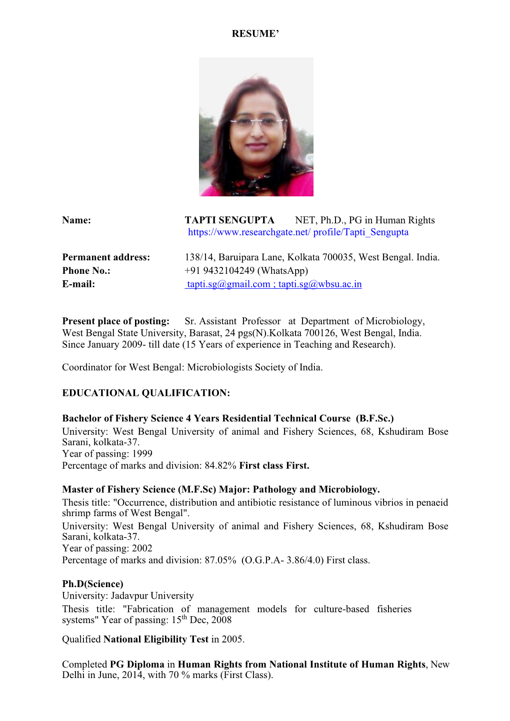 TAPTI SENGUPTA NET, Ph.D., PG in Human Rights Profile/Tapti Sengupta