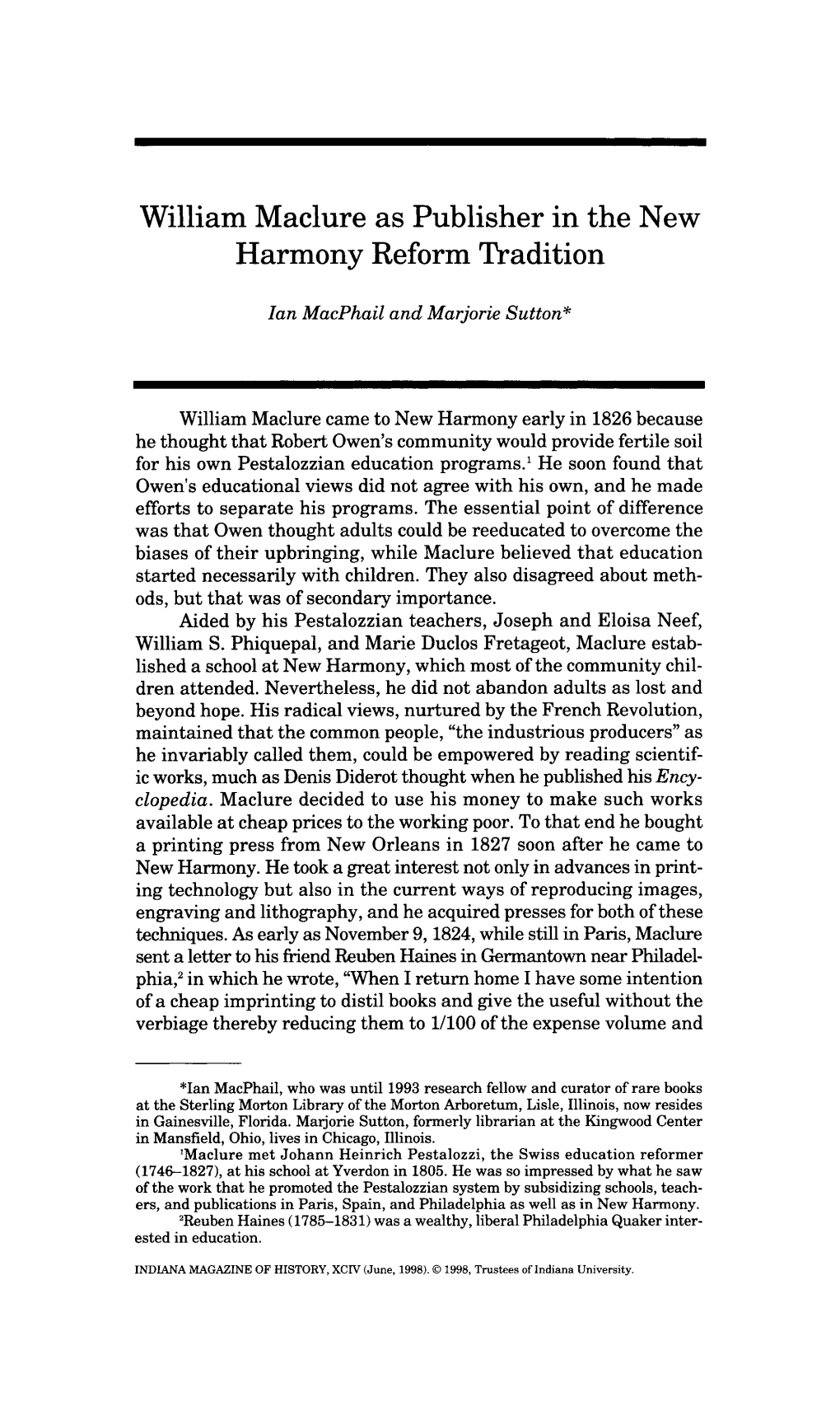 William Maclure As Publisher in the New Harmony Reform Tradition