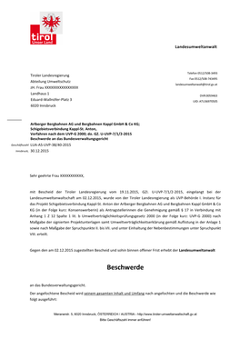 Beschwerde an Das Bundesverwaltungsgericht Geschäftszahl LUA-AS-UVP-38/40-2015 Innsbruck, 30.12.2015
