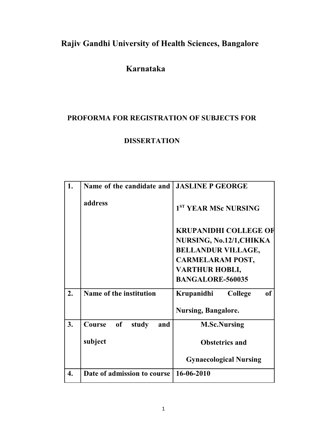 Proforma for Registration of Subjects For