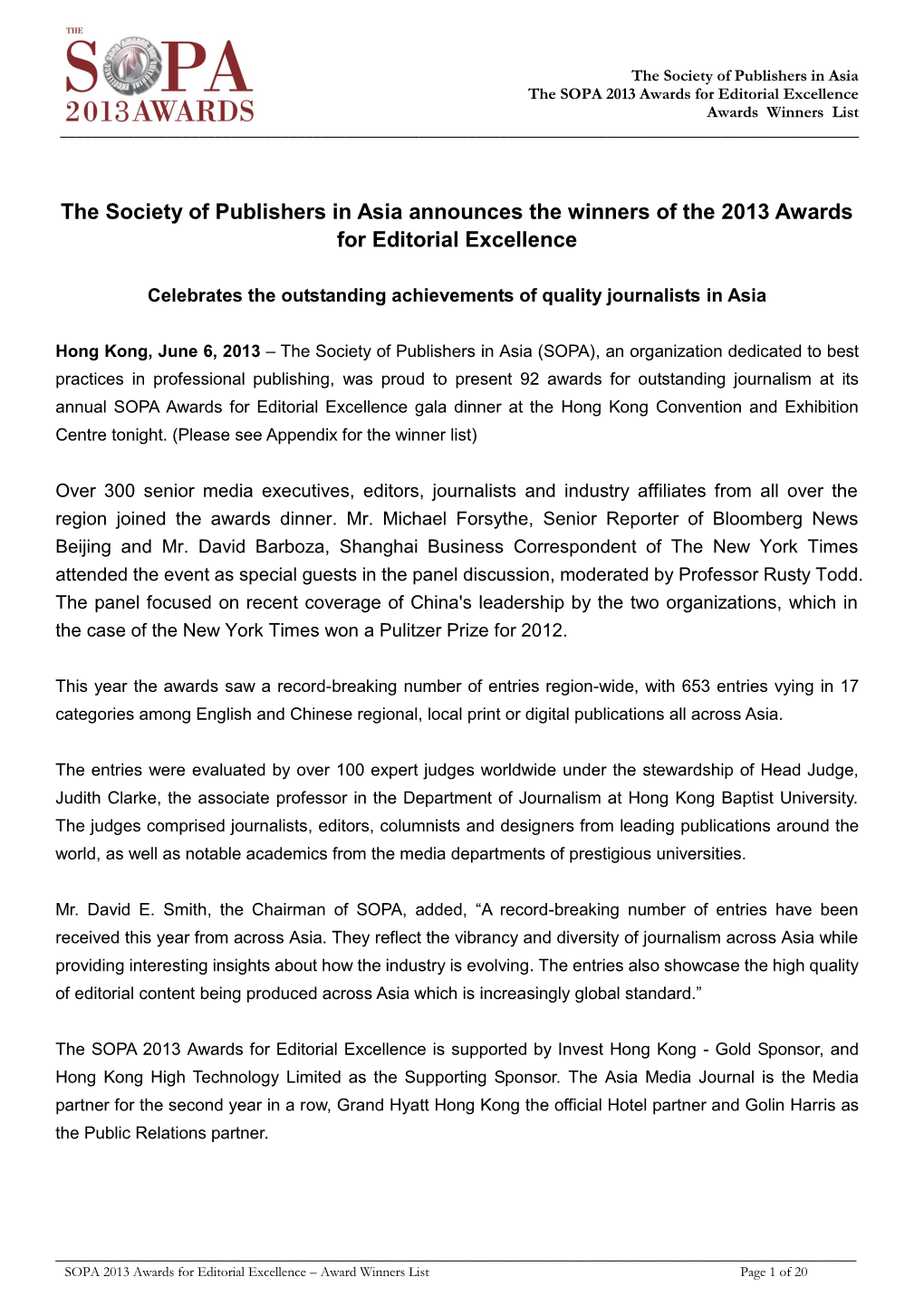 The Society of Publishers in Asia Announces the Winners of the 2013 Awards for Editorial Excellence