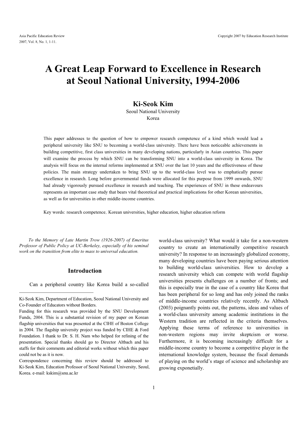 A Great Leap Forward to Excellence in Research at Seoul National University, 1994-2006