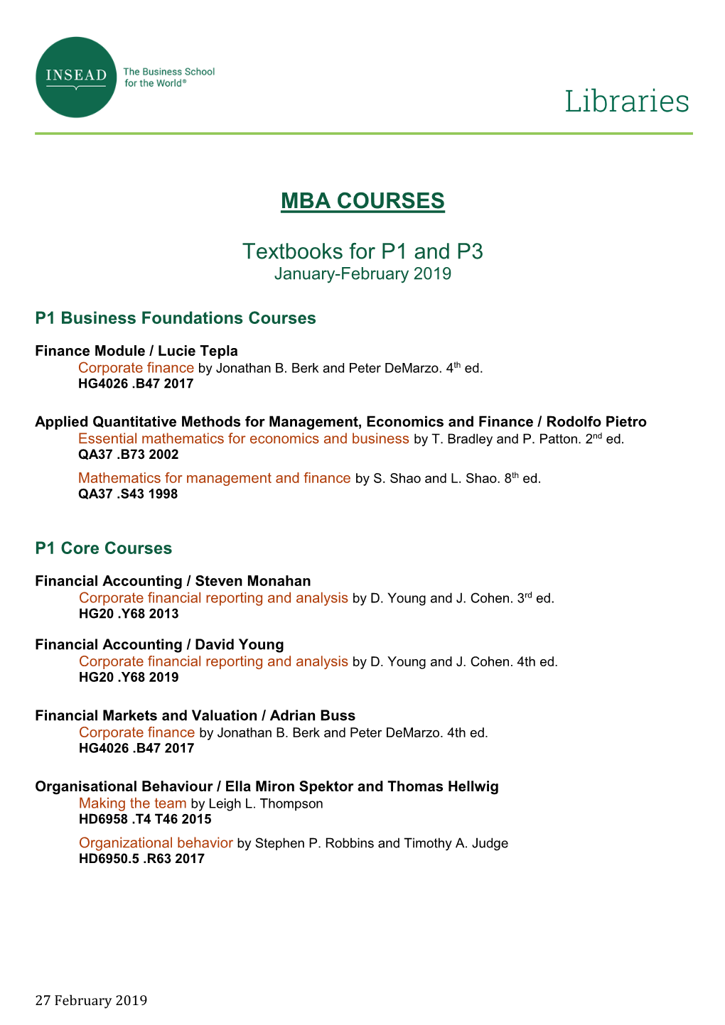 MBA COURSES Textbooks for P1 and P3