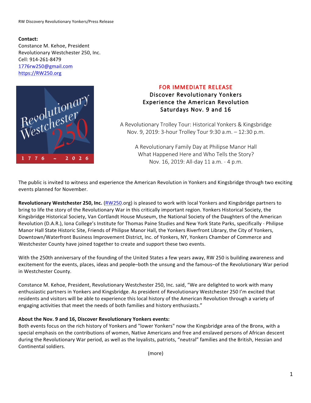 1 for IMMEDIATE RELEASE Discover Revolutionary Yonkers