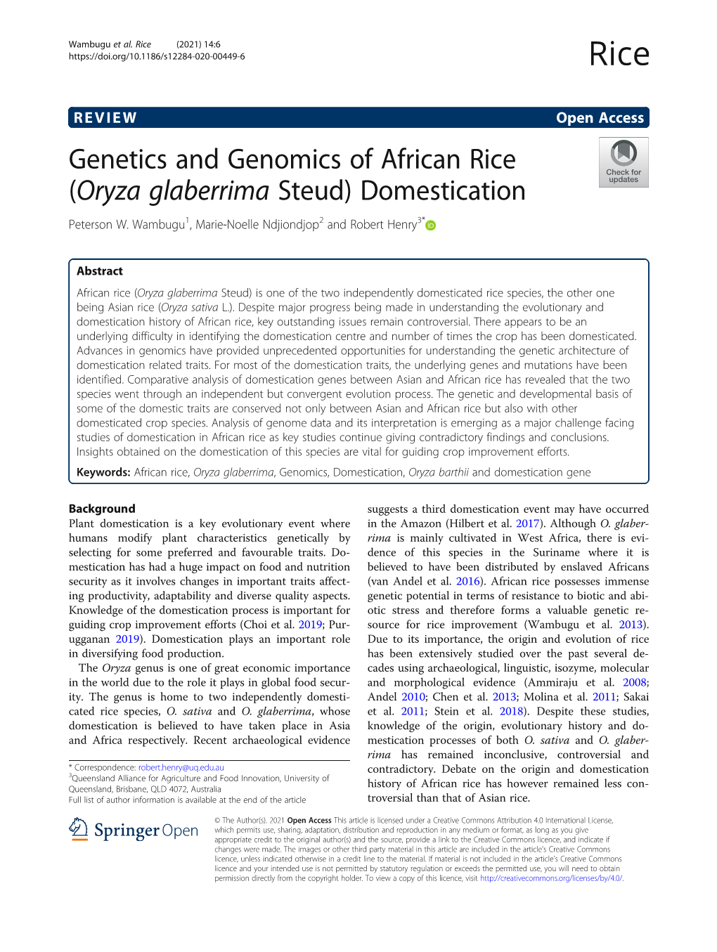 Genetics and Genomics of African Rice (Oryza Glaberrima Steud) Domestication Peterson W