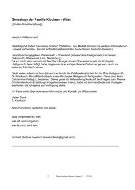 Genealogy Der Familie Klockner - Wüst (Private Ahnenforschung)