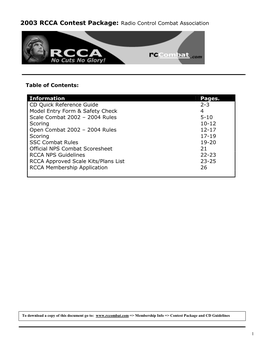 2003 RCCA Contest Package: Radio Control Combat Association