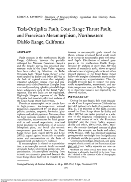 Tesla-Ortigalita Fault, Coast Range Thrust Fault, and Franciscan Metamorphism, Northeastern Diablo Range, California