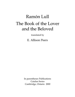 Ramón Lull the Book of the Lover and the Beloved