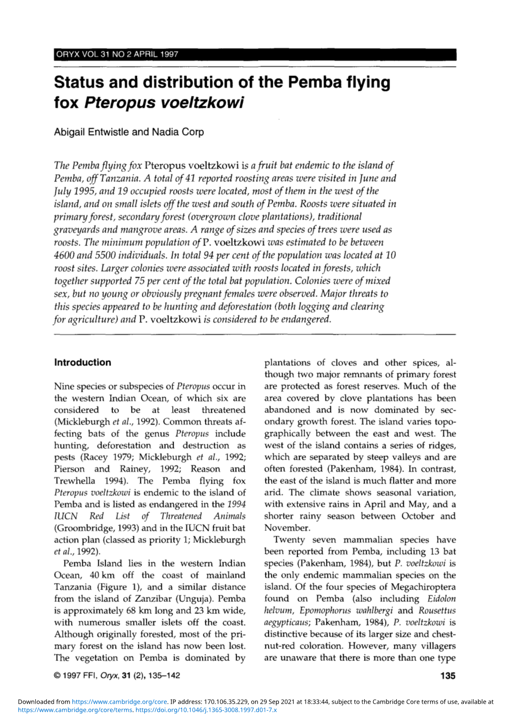 Status and Distribution of the Pemba Flying Fox Pteropus Voeltzkowi