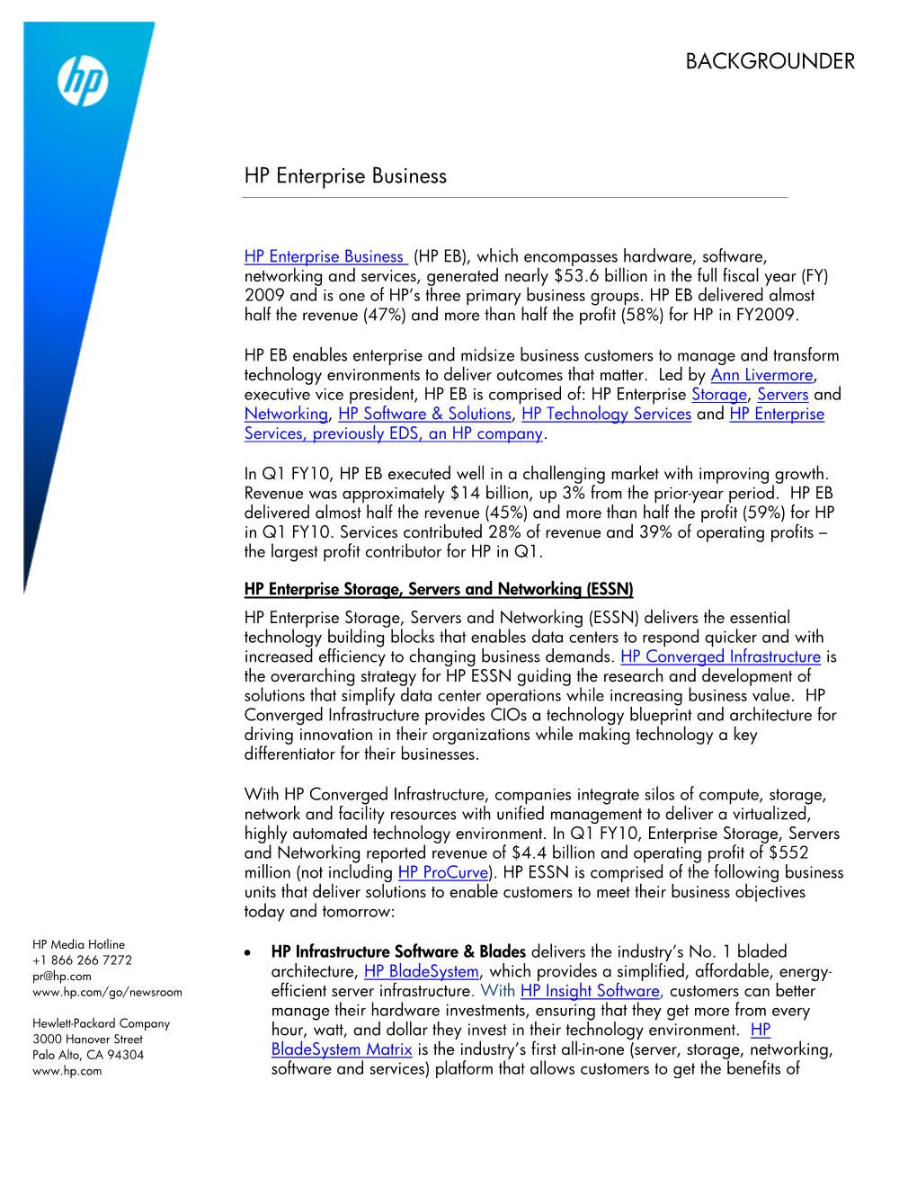 BACKGROUNDER HP Enterprise Business