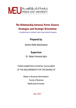 The Relationship Between Porter Generic Strategies and Strategic Orientation an Applied Study on Jordanian Human Drugs Industrial Companies
