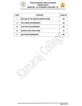 Indian Polity Semester – Iv, Academic Year 2020 - 21