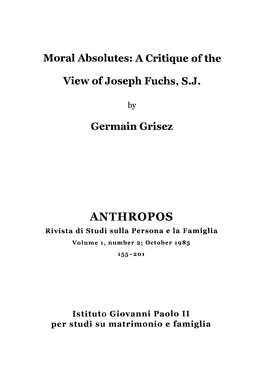 ANTHROPOS Rivista Di Studi Sulla Persona E La Famiglia Volume 1, Number 2; October 1985 155-201