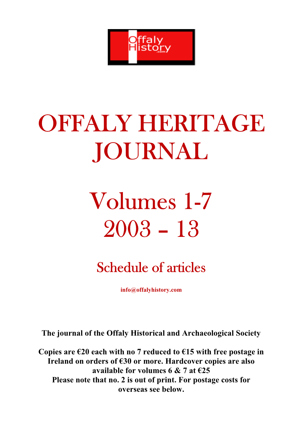 OFFALY HERITAGE JOURNAL Volumes 1-7 2003