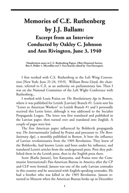 Memories of C.E. Ruthenberg by J.J. Ballam: Excerpt from an Interview Conducted by Oakley C
