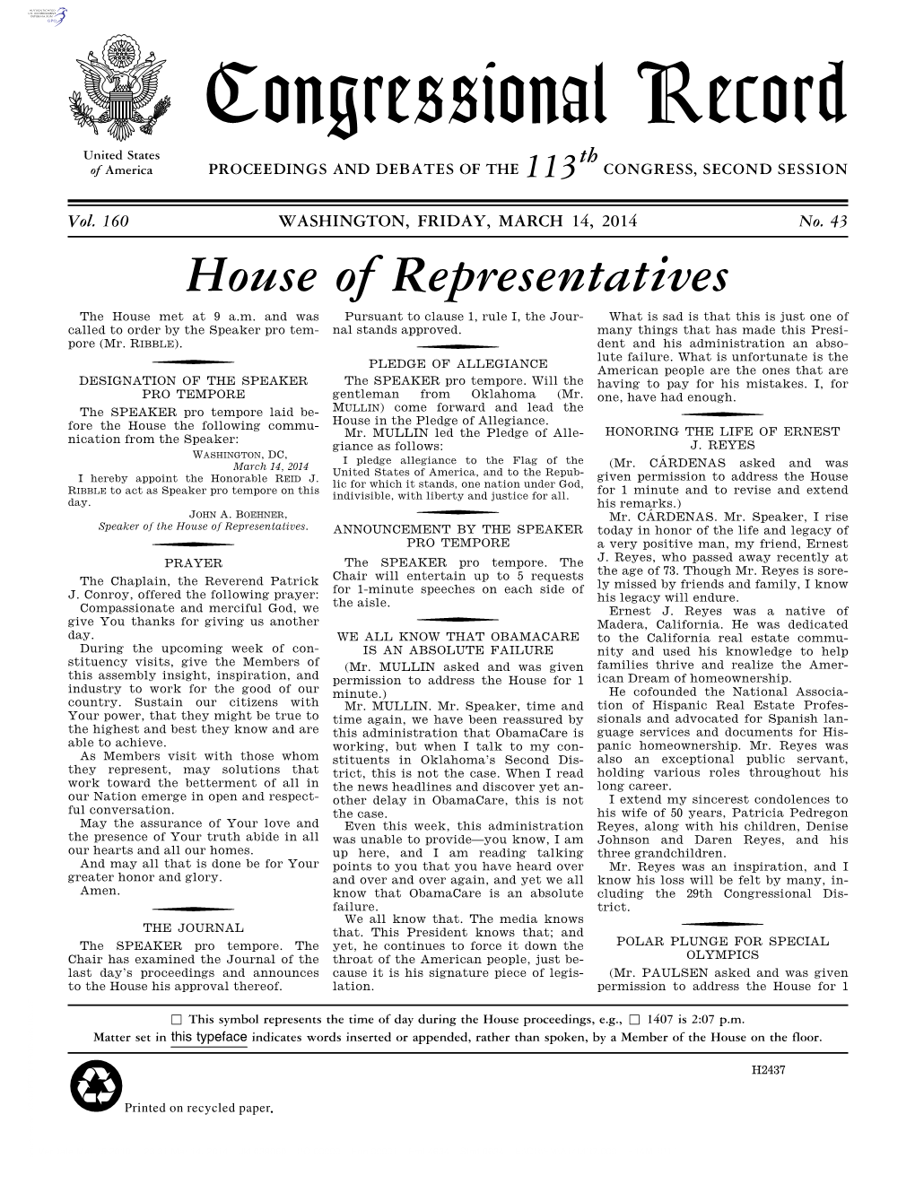 Congressional Record United States Th of America PROCEEDINGS and DEBATES of the 113 CONGRESS, SECOND SESSION