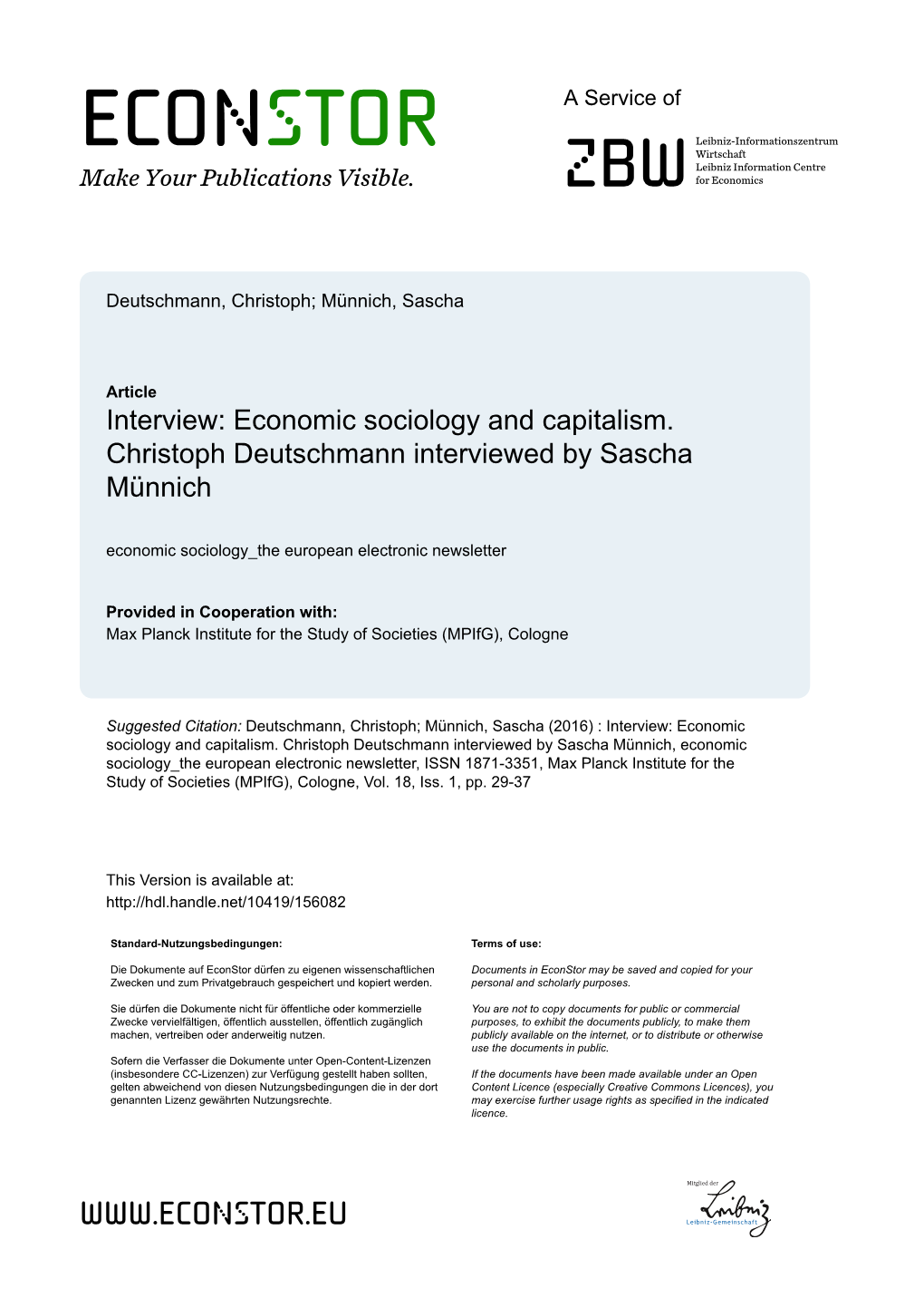 Economic Sociology and Capitalism. Christoph Deutschmann Interviewed by Sascha Münnich