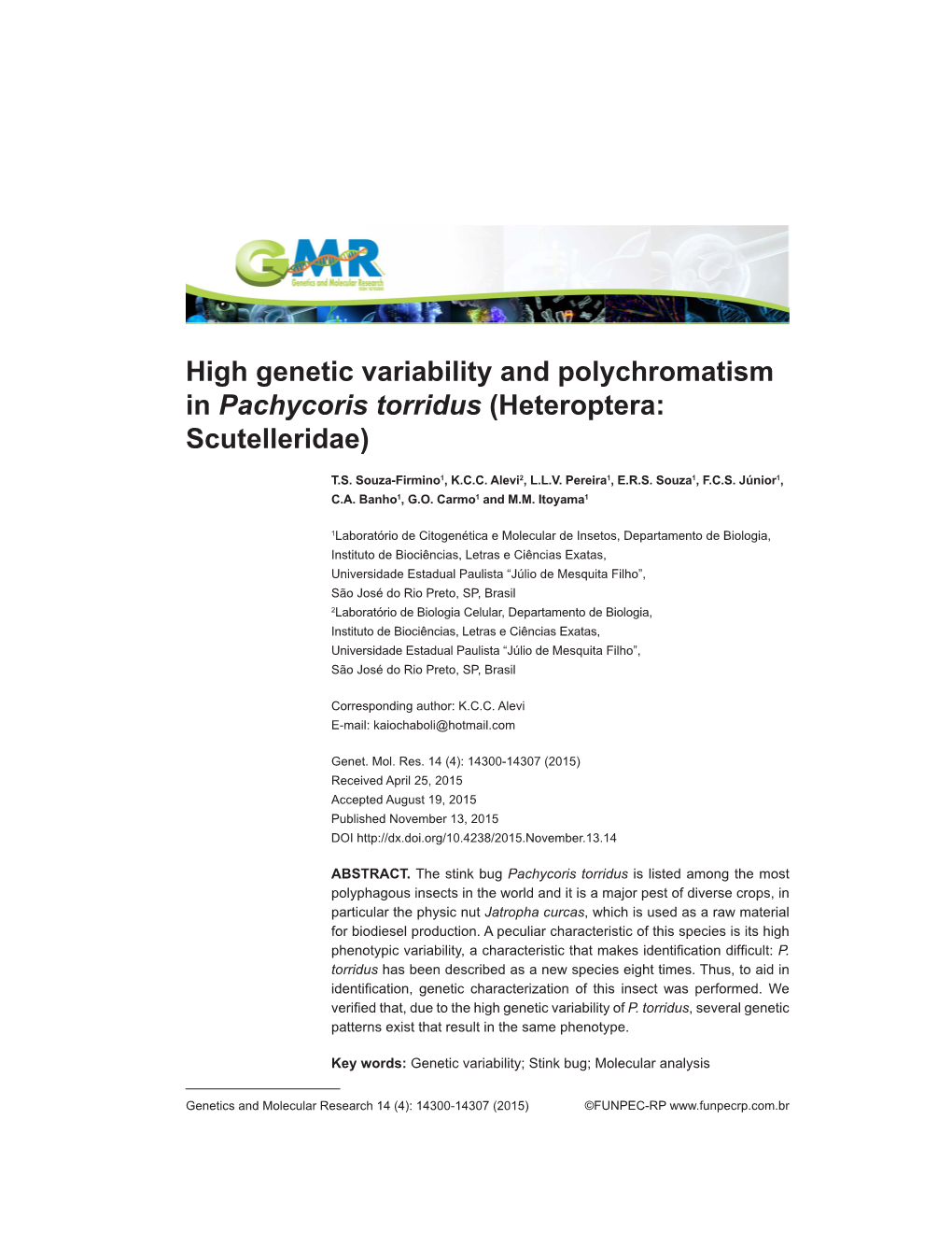 High Genetic Variability and Polychromatism in Pachycoris Torridus (Heteroptera: Scutelleridae)