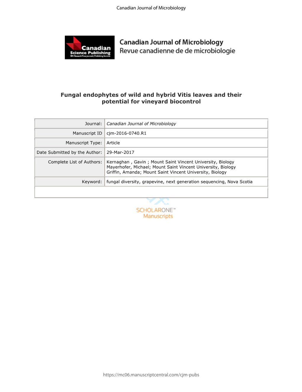 Fungal Endophytes of Wild and Hybrid Vitis Leaves and Their Potential for Vineyard Biocontrol