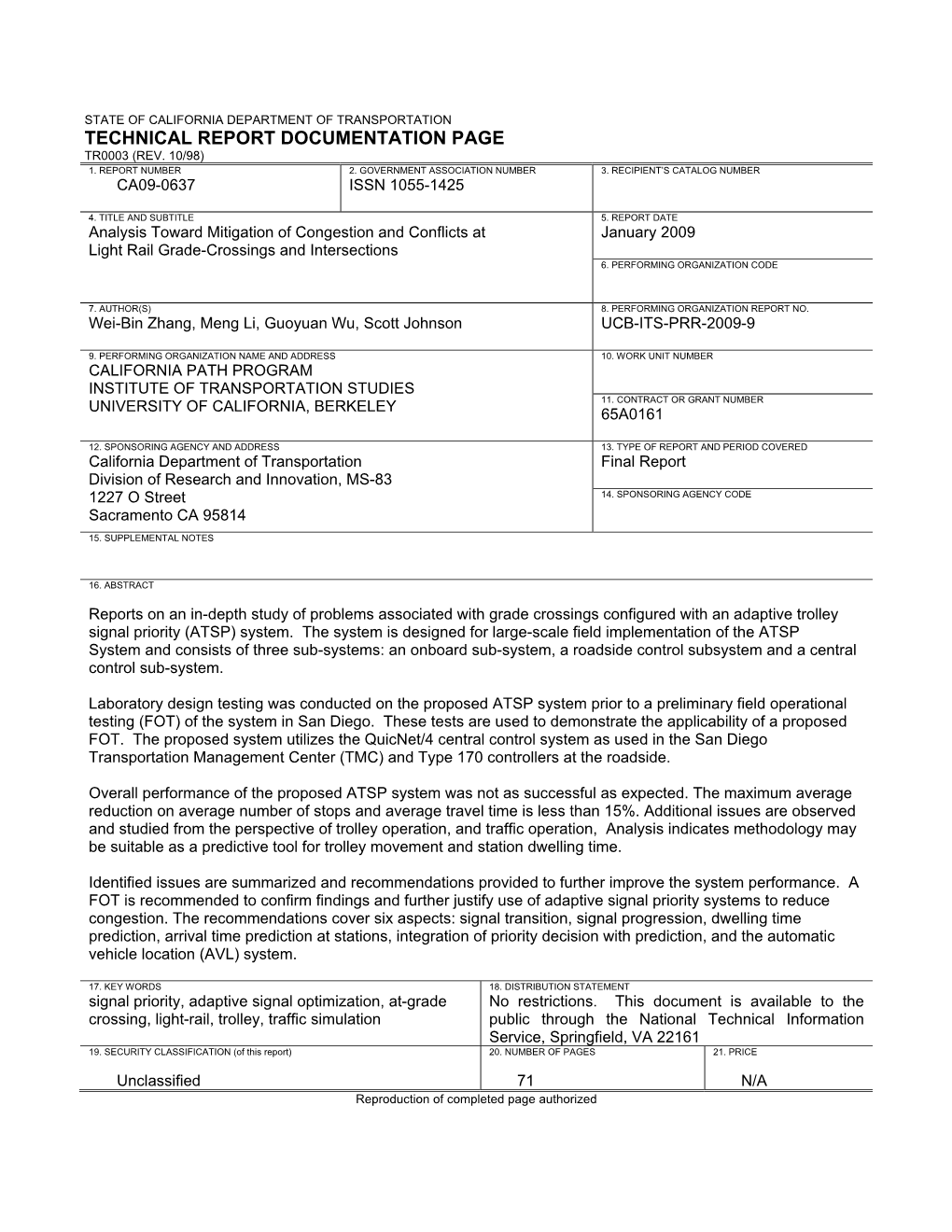 Task 0637 Analysis Toward Mitigation of Congestion and Conflicts at Light