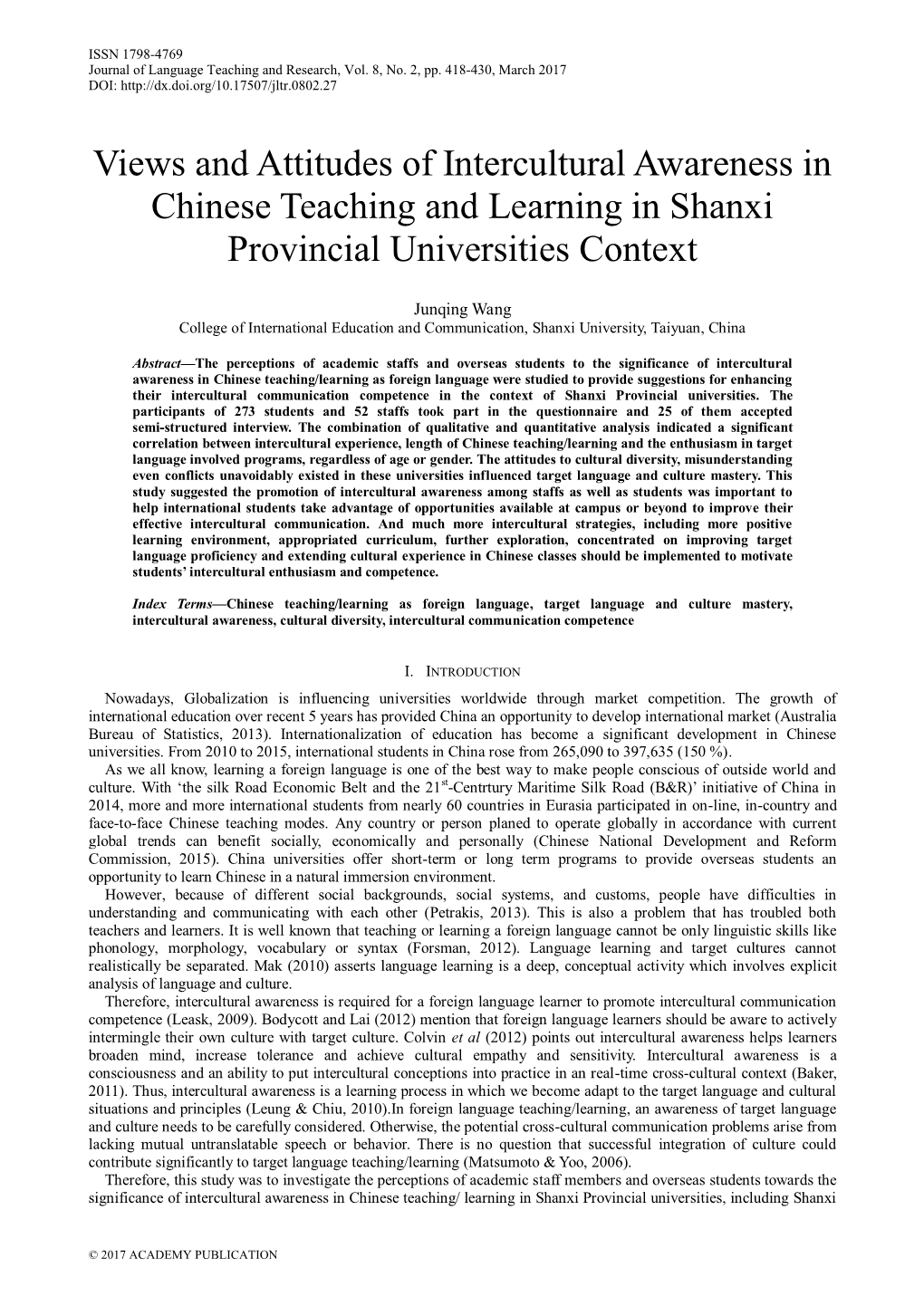 Views and Attitudes of Intercultural Awareness in Chinese Teaching and Learning in Shanxi Provincial Universities Context