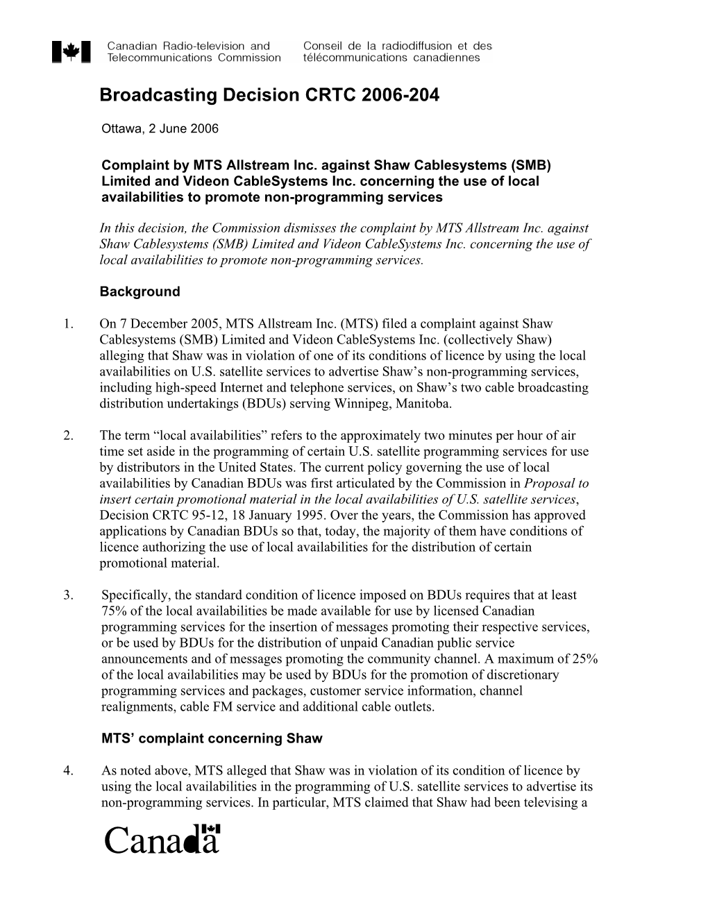 Broadcasting Decision CRTC 2006-204