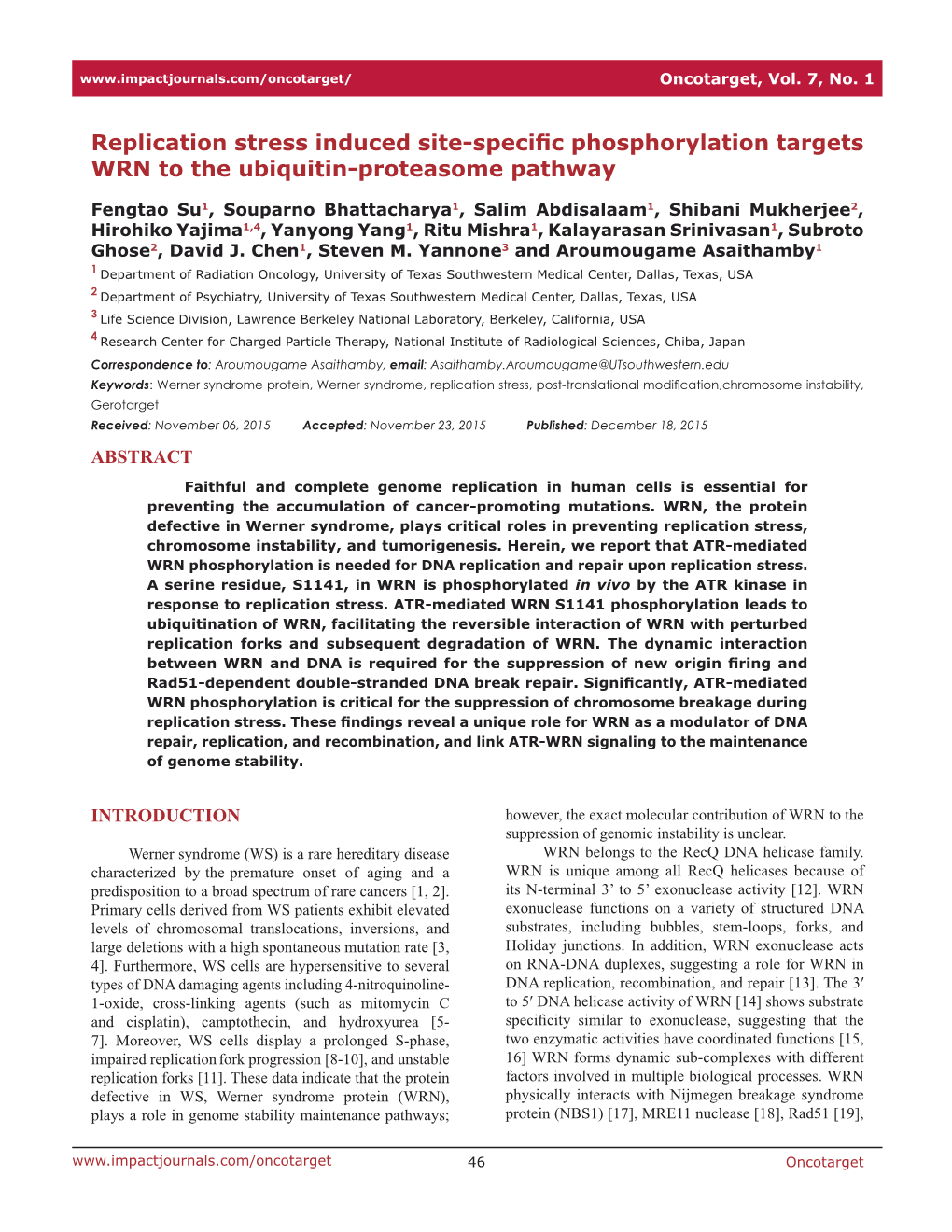 Replication Stress Induced Site-Specific Phosphorylation Targets WRN to the Ubiquitin-Proteasome Pathway